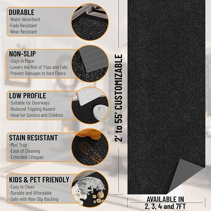 Ottomanson 2'7" x 42' Hallway Runner with Scraper Pile - Extra Durable Non-Slip Rug Mat for Indoor & Outdoor Use - Ideal for Kitchen, Entryway & Garage - High-Traffic Carpet, Black