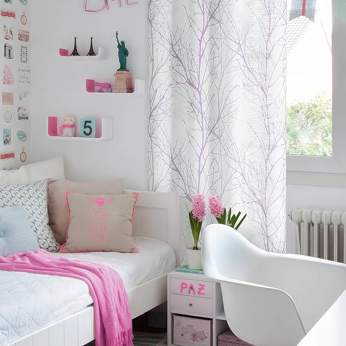 FMFUNCTEX Linen Semi Sheer Curtains for Bedroom, Lilac White Curtains 96 Inches Long for Living Room, Grey Tree Branch Patterned Curtain Light Filtering Farmhouse Window Drapes, Grommet Top 2 Panels