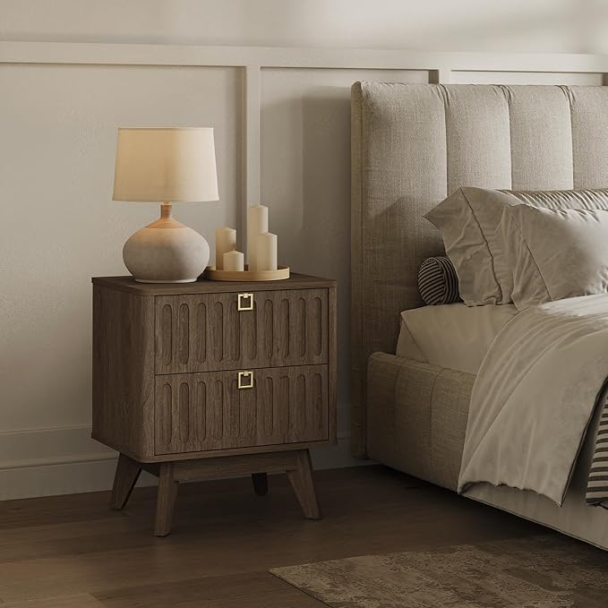 SICOTAS Modern Fluted Nightstand with 2 Drawers, 21" Wide Wood Bedside Table with Gold Handle, Mid-Century End Table for Bedroom, Apartment