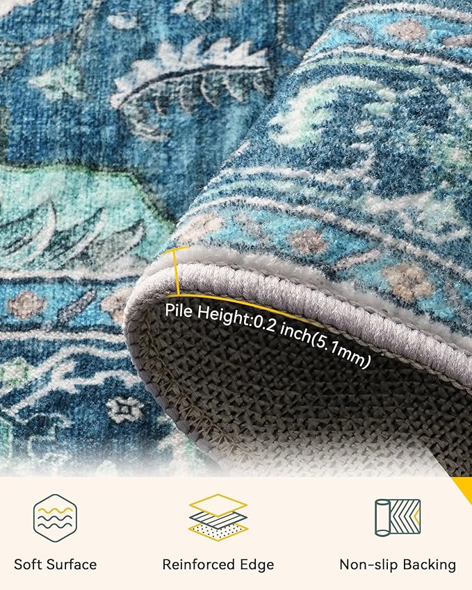Area Rugs 10'x12' Washable Non-Slip, Floral Vintage Distress Print Pattern Medallion Carpet for Living Room Bedroom Dining Room, Teal Green Lake Blue Turquoise