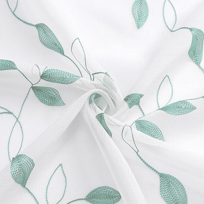 Tollpiz Teal Blue Leaf Sheer Curtains Leaves Embroidered Bedroom Short Curtain Rod Pocket Voile Window Treatment for Living Room, 38 x 54 inches Long, Set of 2 Panels