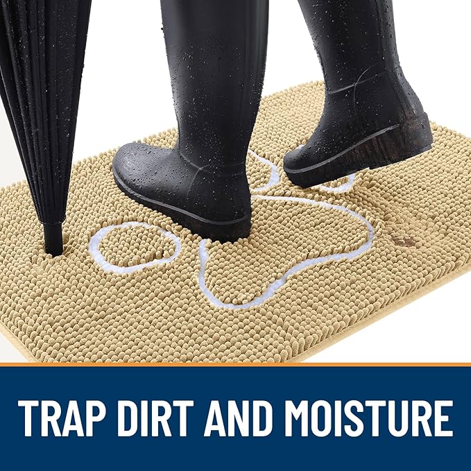OLANLY Dog Door Mat for Muddy Paws 30x20, Paw Print Design, Absorbs Moisture and Dirt, Absorbent Non-Slip Washable Doormat, Quick Dry Chenille Mud Mat for Dogs, Entry Indoor Entryway Carpet, Beige