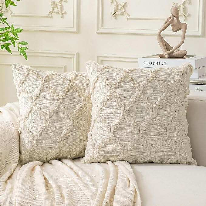Set of 2 Soft Moroccan Throw Pillow Covers 22x22 Inch Plush Boho Decorative Pillow Cover Accent Cushion Case for Couch Sofa Bed, Beige