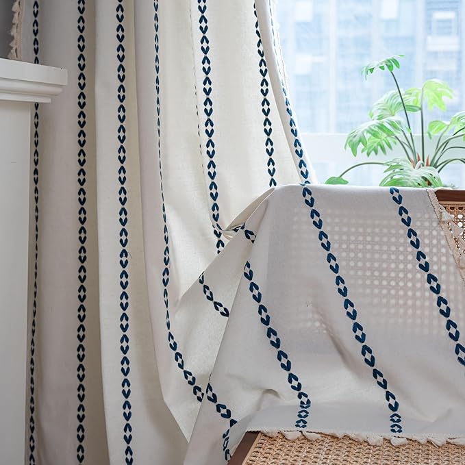 Sutuo Home Boho Curtains 90 inches for Bedroom Living Room, Semi Blackout Farmhouse Vintage Tassels Window Treatment Bohemian Embroidery Drape, Rod Pocket 1 Panel 52" W x 90" L, White and Navy Blue