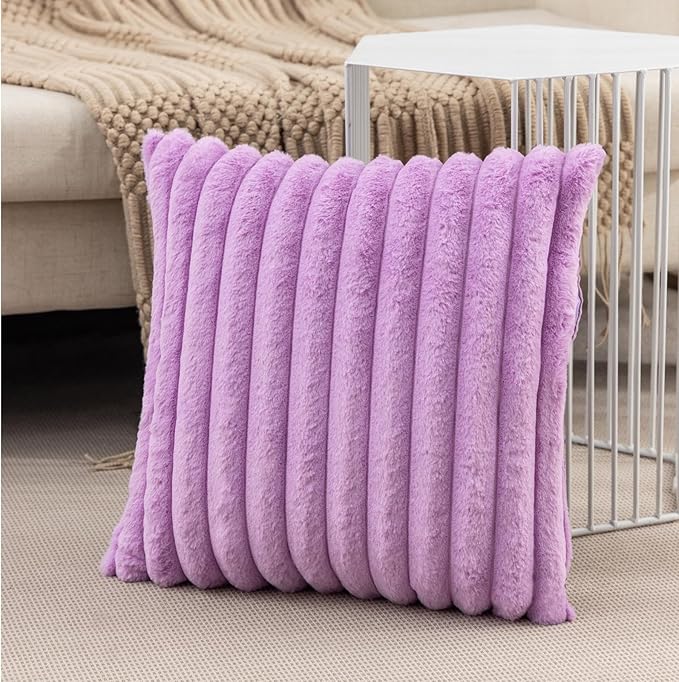 ZLINA Set of 2 Light Purple Faux Fur Decorative Throw Pillow Covers Fluffy Striped Pillowcase Cushion Covers 26 x 26 Inch Decor Sofa Couch Bedroom