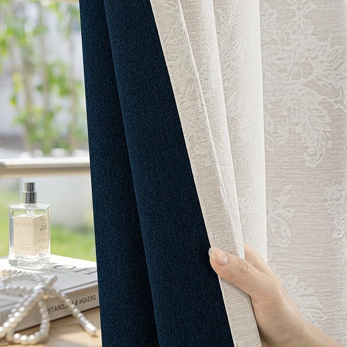 FMFUNCTEX Beige Floral Jacquard Blackout Curtains 72 Inches Long for Bedroom, Scroll Flower Chenille Farmhouse Curtains for Living Room Darkening Thermal Insulated Grommet Window Drapes 2 Panels