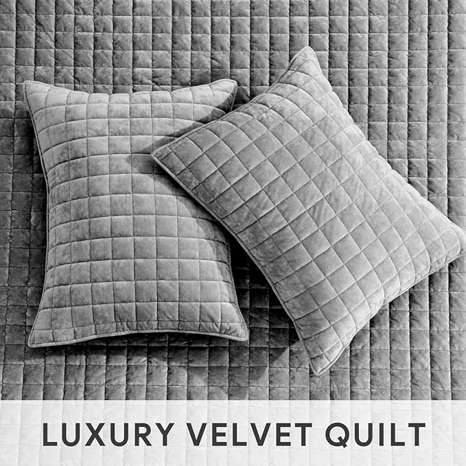 RECYCO Luxury Velvet Quilt Set King Size Bedding Sets, Ultra Soft Velvet Comforter Set, Lightweight Channel Box Stitch Oversized Bedspread Coverlet for All Season, with 2 Shams, Charcoal Gray