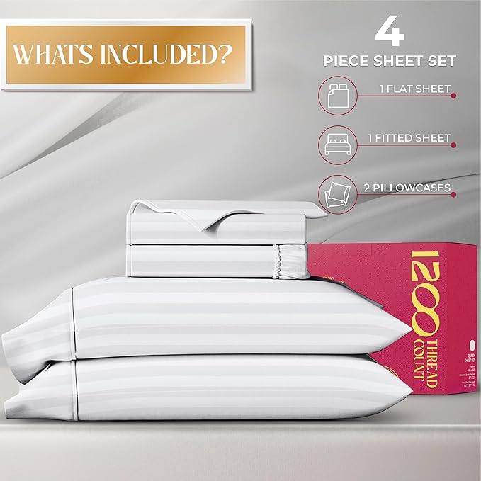 Mayfair Linen 100% Egyptian Cotton Sheets King Size - 1200 Thread Count King Size Sheets Set Egyptian Cotton, 4 PC Damask Luxury Bedsheet, Soft Cooling, 17" Deep Pocket Sateen Weave - White Stripe