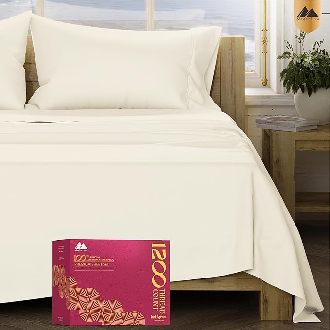 Mayfair Linen 100% Egyptian Cotton Queen Sheet Set - Luxury 1200 High Thread Count Egyptian Cotton Sheets Queen Size (4 PC, Ivory), Silky Soft, Cooling, 17" Deep Pocket Sateen Weave Hotel Bedding