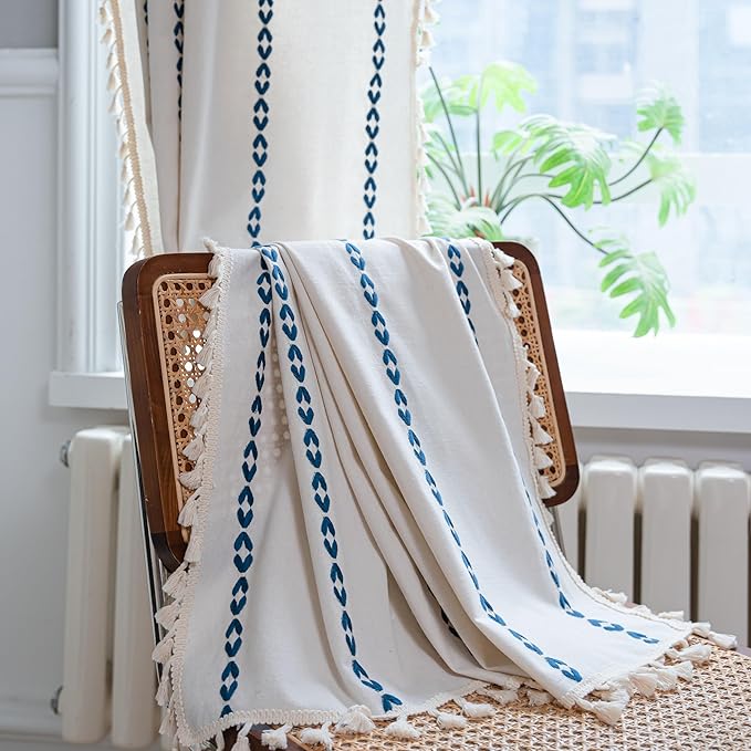 Sutuo Home Boho Curtains for Living Room Bedroom, Semi Blackout Farmhouse Vintage Tassels Window Treatment Bohemian Embroidery Drape, Rod Pocket 1 Panel 52" W x 96" L, White and Navy Blue