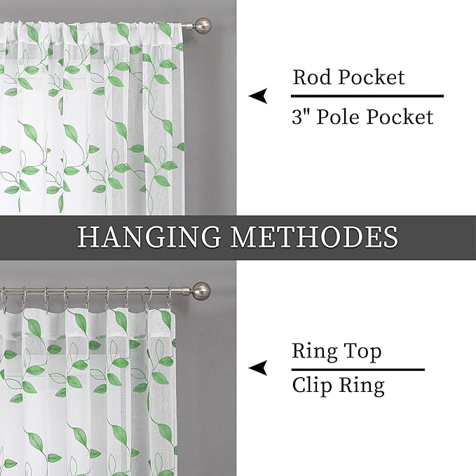 Tollpiz Green Leaf Sheer Curtains Leaves Embroidered Bedroom Short Curtain Rod Pocket Voile Window Treatment for Living Room, 38 x 54 inches Long, Set of 2 Panels