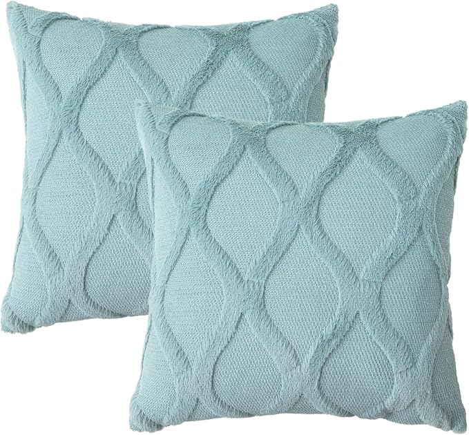 decorUhome Spring Euro Sham Throw Pillow Covers 22x22 Inch Set of 2, Soft Plush Faux Fur Wool Aqua Couch Pillow Covers, Decorative Neutral Pillow Cases for Bed Sofa Living Room Home Decor