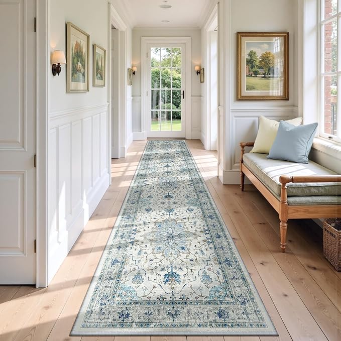 Area Rugs 2'6''x10' Washable Non-Slip, Floral Vintage Distress Print Pattern Medallion Carpet for Living Room Bedroom Dining Room, Light Blue Navy Beige Gray White