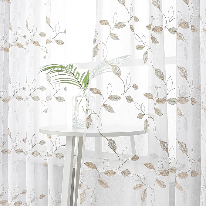 Tollpiz Taupe Leaf Sheer Curtain Leaves Embroidered Bedroom Curtains Rod Pocket Voile Window Treatment for Living Room, 54 x 95 inches Long, Set of 2 Panels