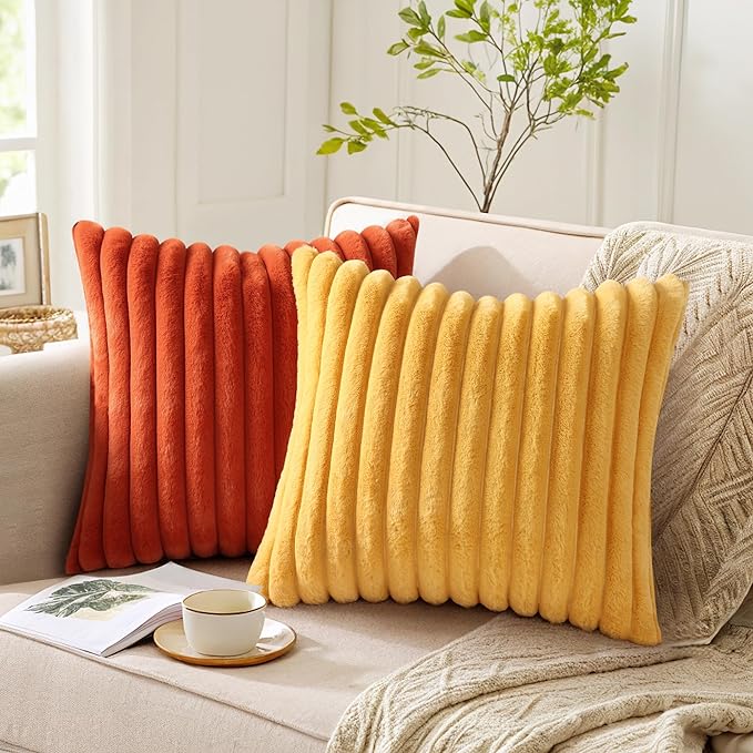 Pallene Faux Fur Plush Throw Pillow Covers 22x22 Set of 2, Luxury Soft Fluffy Striped Decorative Pillow Covers for Sofa, Couch, Living Room, Mustard Yellow