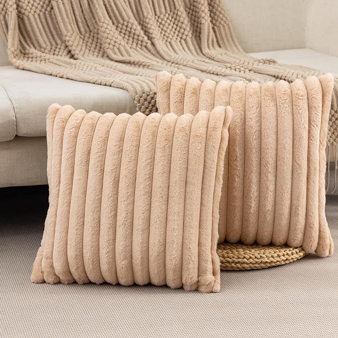 ZLINA Set of 2 Apricot Faux Fur Decorative Throw Pillow Covers Fluffy Striped Pillowcase Cushion Covers 24 x 24 Inch Decor Sofa Couch Bedroom