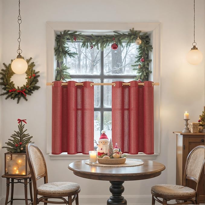 YoungsTex Red Linen Curtains 40 Inch Length for Kitchen Window, Short Light Filtering Drapes with Bronze Grommet Privacy Lightweight for Bathroom Window, 42 x 40 Inch, 2 Panels