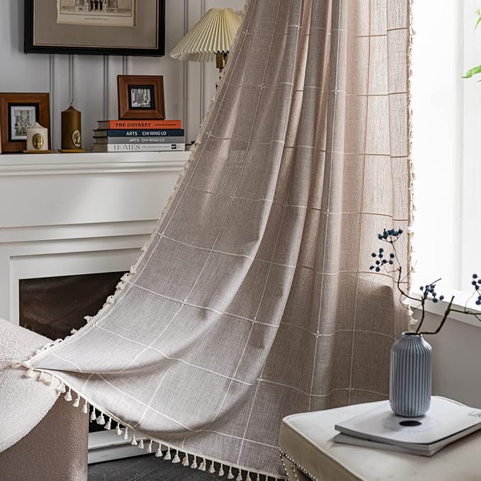 Sutuo Home Boho Curtains for Bedroom 96 Inches Long, Light Filtering Country Farmhouse Vintage Shabby Chic Tassels Window Treatment Bohemian Grid Drape for Decor 1 Panel 52" W x 96" L, Natural Plaids