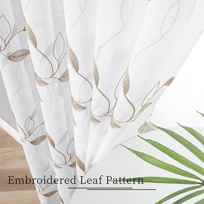 Tollpiz Taupe Leaf Sheer Curtain Leaves Embroidered Bedroom Curtains Rod Pocket Voile Window Treatments for Living Room, 38 x 63 inches Long, Set of 2 Panels