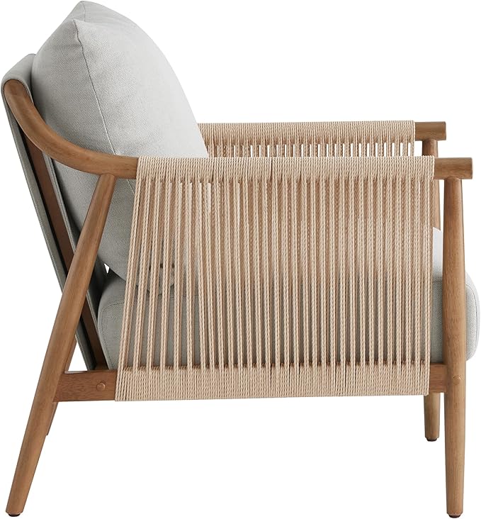 CHITA Braid Accent Chair Set of 2, Modern Armchair with Solid Wooden Armrest for Living Room and Bedroom, Boho Reading Chair, Light Grey