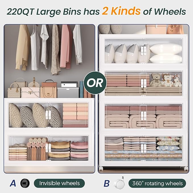180Gal Stackable Storage Bins with Lid, 720Qt Extra Large Collapsible Storage Box with Doors and Wheels, Plastic Closet Organizer and Storage Cabinet Drawer for Home Kitchen, 4Pack White