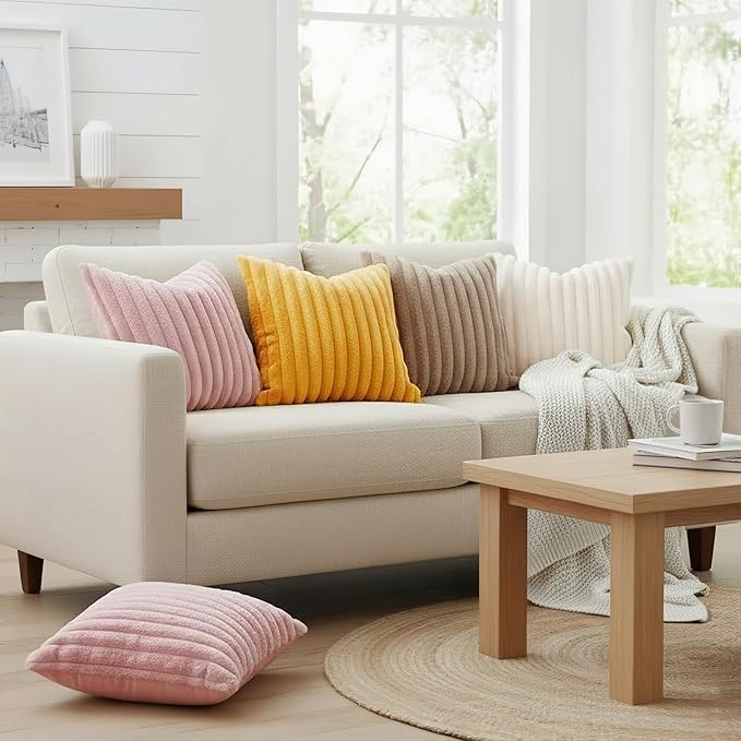 decorUhome Faux Fur Spring Throw Pillow Covers 18x18 Set of 2, Decorative Soft Plush Striped Neutral Couch Pillow Covers with Velvet Back for Sofa, Bed, Living Room Home, Cream White