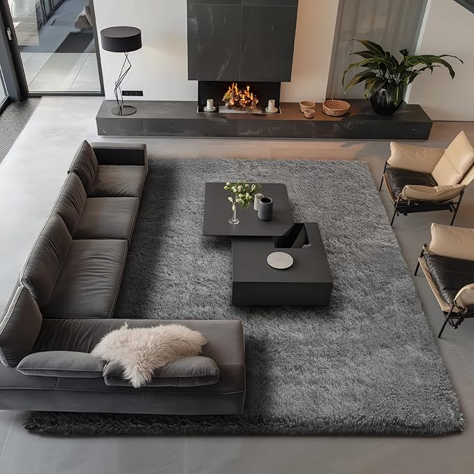 Ophanie Area Rugs 9x12 Living Room, Large Grey Bedroom Carpet, Big Shag Indoor Thick Soft Nursery Rug, Gray Fluffy Carpets for Boy and Girls Room Dorm Home Decor Aesthetic
