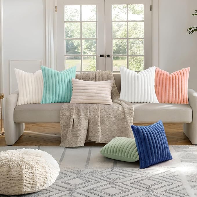 decorUhome Faux Fur Spring Throw Pillow Covers 12x20 Set of 2, Decorative Soft Plush Striped Lumbar Neutral Couch Pillow Covers with Velvet Back for Sofa, Bed, Living Room Home, Blush Pink