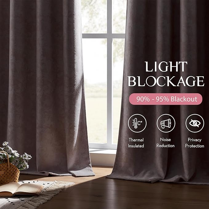 Beauoop Pink Floral Jacquard Blackout Curtains 108 Inches Long 2 Panels for Bedroom Living Room Chenille Flower Room Darkening Thermal Soundproof Grommet Window Treatments Drapes, 52x108