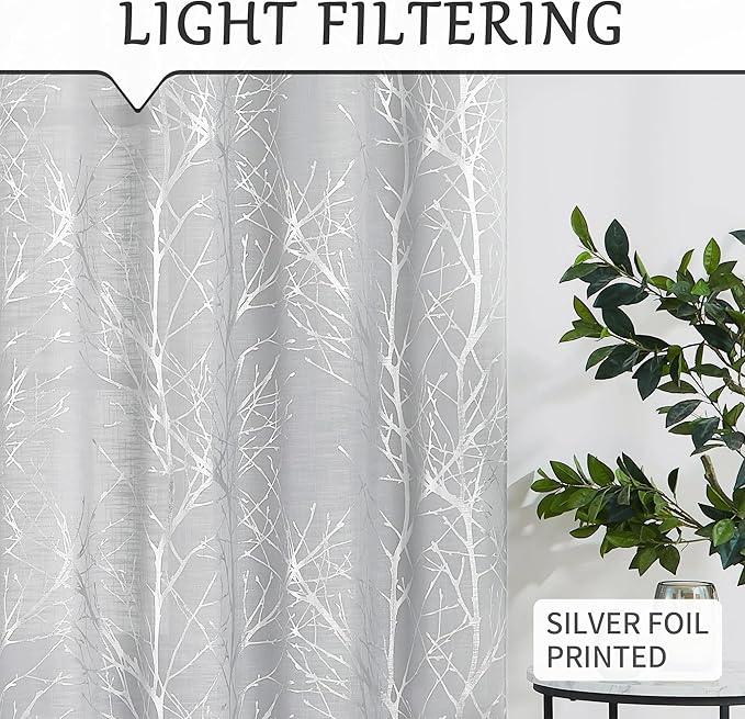 FMFUNCTEX Linen Semi Sheer Curtains for Bedroom & Living Room, Silver Metallic Print Grey Tree Panel, Light Filtering, 96 Inches Long, 2 Panels
