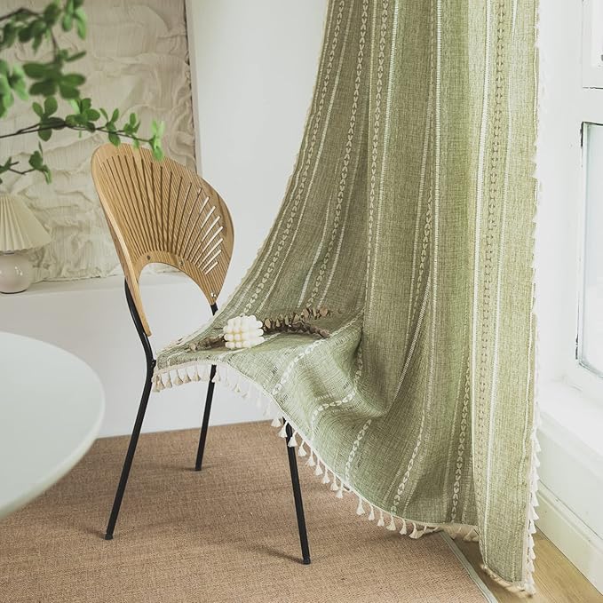Sutuo Home Boho Curtains for Bedroom Living Room 108 Inches Long, Light Filtering French Country Farmhouse Vintage Chic Tassels Hollow Window Treatment Bohemian Drape, 1 Panel 52" W x 108" L, Green