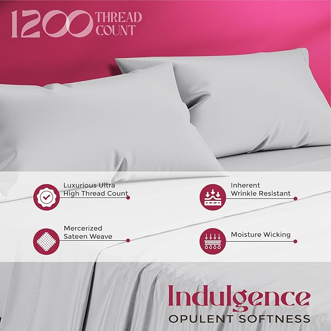 Mayfair Linen 100% Egyptian Cotton Queen Sheet set - Luxury 1200 High Thread Count Egyptian Cotton Sheets Queen Size (4 PC, Light Grey), Silky Soft, Cooling, 17" Deep Pocket Sateen Weave Hotel Bedding
