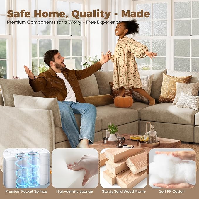 ABCASA 102.6" Modular Sectional Sofa, Oversized 3-Seater Couch with Removable Beige Chenille Fabric Cover, Deep Seat & High Backrest for Living Room, Office & Apartment