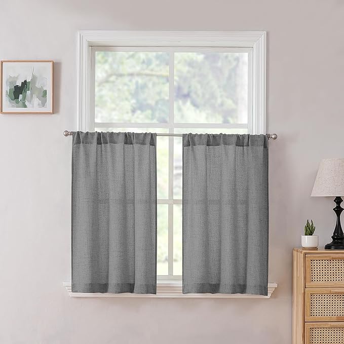 Tollpiz Linen Tier Curtains Rod Pocket Semi Sheer Short Kitchen Curtain Half Burlap Light Filtering Thick Linen Drape for Bathroom, 30 x 30 inches Long, Dark Grey, Set of 2 Panels