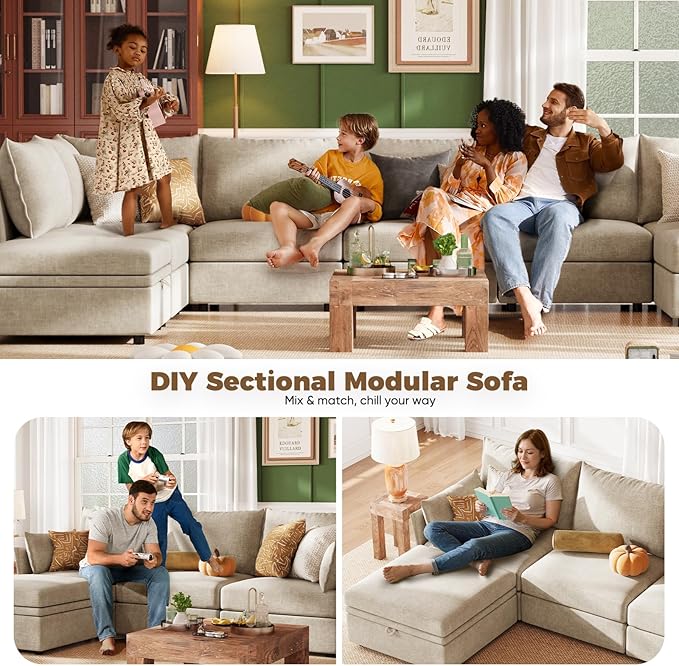 ABCASA 102.6" Luxury Modular Sleeper Sofa Bed 6 Seat Reversible Sectional Couch Deep Seat with Storage Chaises Removable Cover for Living Room, Apartment - Chenille Beige