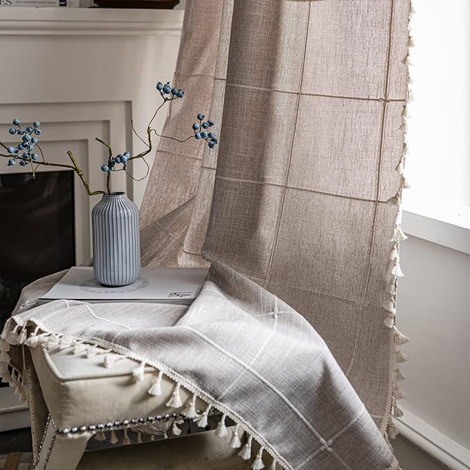 Sutuo Home Boho Curtains for Bedroom 96 Inches Long, Light Filtering Country Farmhouse Vintage Shabby Chic Tassels Window Treatment Bohemian Grid Drape for Decor 1 Panel 52" W x 96" L, Natural Plaids