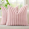 decorUhome Faux Fur Spring Throw Pillow Covers 24x24 Set of 2, Decorative Soft Plush Striped Neutral Couch Euro Sham Pillow Covers with Velvet Back for Sofa, Bed, Living Room Home, Pink