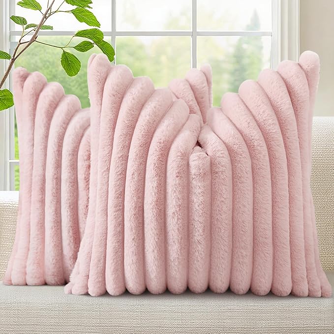 decorUhome Faux Fur Spring Throw Pillow Covers 24x24 Set of 2, Decorative Soft Plush Striped Neutral Couch Euro Sham Pillow Covers with Velvet Back for Sofa, Bed, Living Room Home, Pink