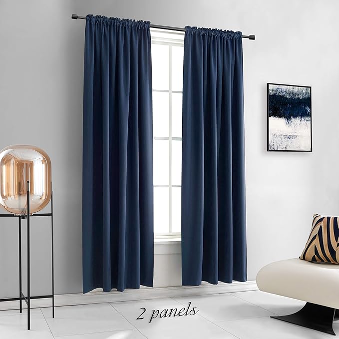 DONREN 96 Inches Long Floor Length Curtains - Dark Blue Blackout Curtains for Living Room - Rod Pocket Thermal Insulated Curtains for Bedroom (42 x 96 Inch,Set of 2 Panels)