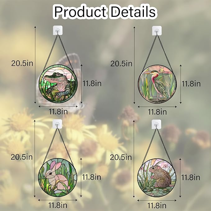 Stained Glass Window Hanging 4 Pcs Set Cute Animal Large 11.8"- Green Plant Pink Suncatcher Door Garden Sun Catcher Decor Birthday Christmas for Mom Woman Nana Men Friend