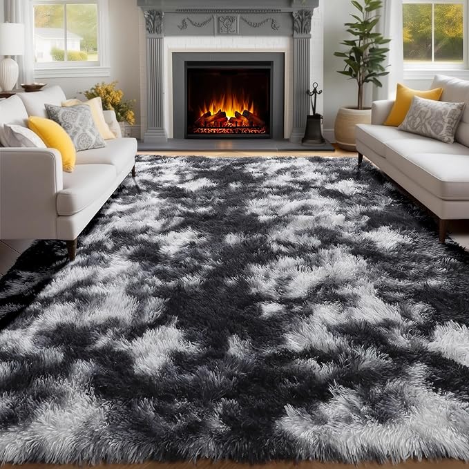 PAGISOFE 9x12 Area Rugs Living Room, Extra Large Black White Grey Machine Washable Rugs for Bedroom Fluffy Indoor Rugs for Kids Room Classroom Dorm Room Aesthetic Shaggy Carpet Plush Modern Cool Rug