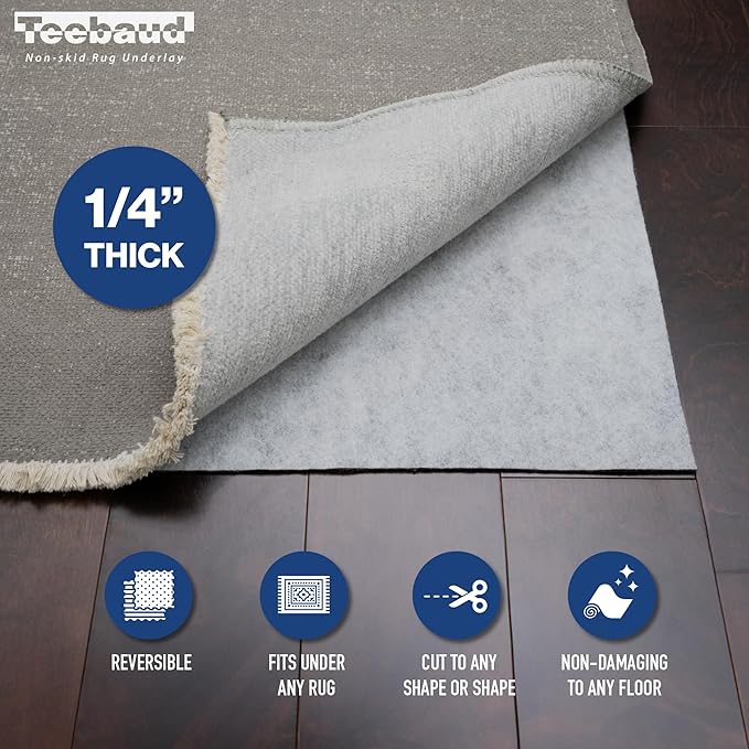 2' x 16' Non-Slip Rug Pad, Reversible Gripper, Non Skid Pads for Hardwood, Vinyl, Tile, Laminate Floors, Keep Area Rugs Secure, Natural Materials Safe for Indoor Flooring, ¼” Thick