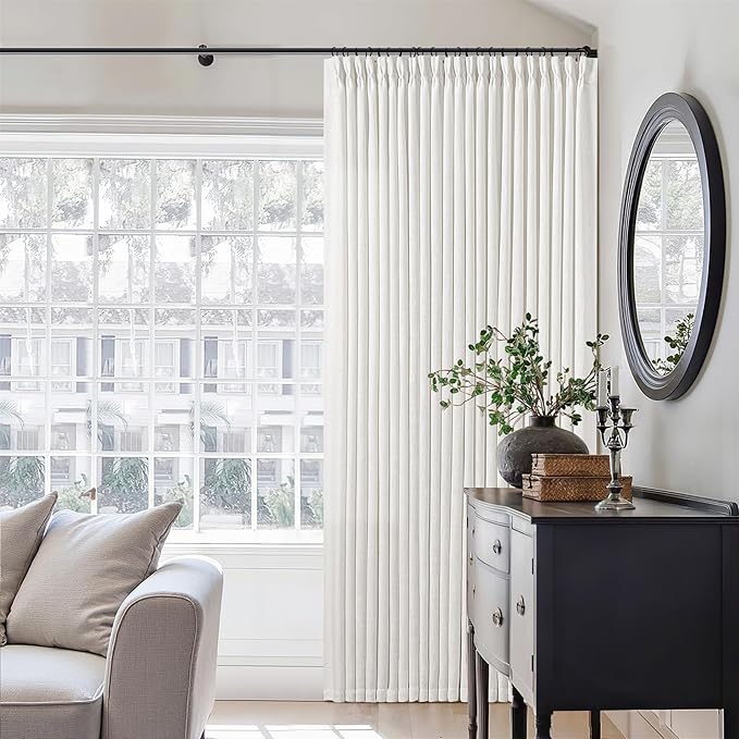 100 Inch Width Curtains 96 Inches Long Pinch Pleat Linen Semi Sheer for Patio Sliding Door Light Filtering Pleated Drapes Back Tab Ivory Beige White Extra Wide 100 x 96 Curtain for Living Dining Room