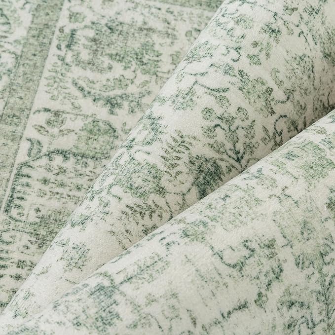 Sage Green Area Rug 8x10 Living Room Washable Carpet Vintage Distressed Non Slip Bedroom Carpet Neutral Low Pile Retro Floral Farmhouse Large Rug Home Office Dining Room Playroom