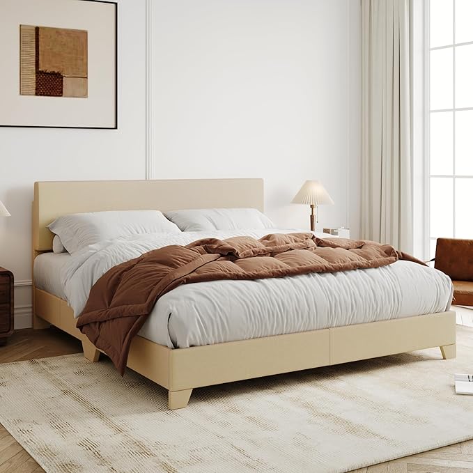 Allewie Full Size Bed Frame with Adjustable Headboard, Upholstered Platform Bed with Wood Slats, Heavy Duty Mattress Foundation, No Box Spring Needed, Noise-Free, Easy Assembly, Beige