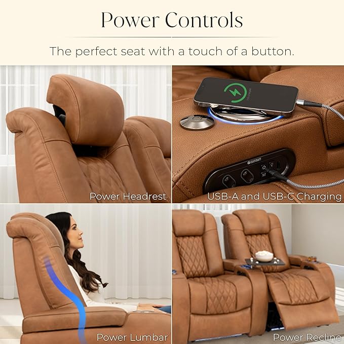 Seatcraft Diamante Zero-Gravity CoolZero Italian Leather Home Theater Seating, Power Headrest, Power Recline, Row of 5 Middle Sofa, Tawny
