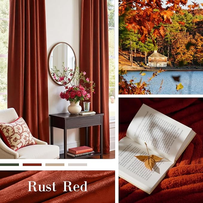 Lazzzy Velvet Blackout Curtains Thermal Insulated Room Window Drapes Super Soft Luxury Curtains for Living Room Bedroom Rod Pocket 2 Panels, Rust Red, 52" W x 108" L