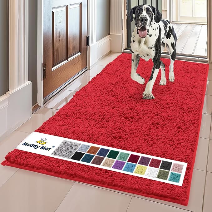 Muddy Mat® | Super Absorbent Door Mat Indoor, Microfiber Quick Dry Chenille Entryway Rug, Non-Slip Front Door Mat, Indoor Mats for Entryway, Machine Washable Pet Rug, Red 24" x 96"