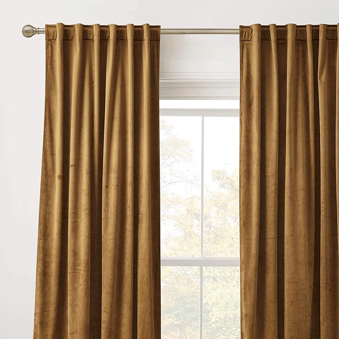 RYB HOME Gold Brown Velvet Curtains, Light Blocking, Energy Saving, Vintage Retro Decor, Privacy Vertical Fall Autumn Curtains for Bedroom Living Room Dining Room, W52 x L84 inches, 2 Panels