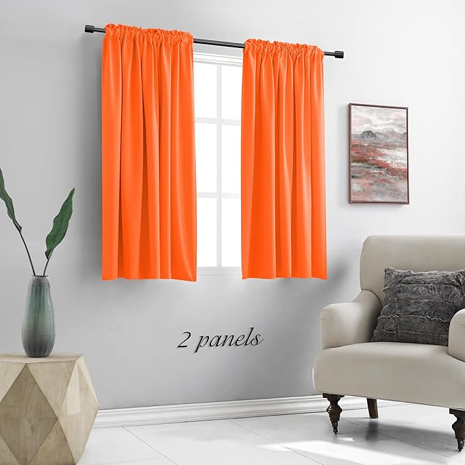 DONREN Vibrant Orange Autumn Curtains 48 Inch Length for Cafe Bathroom Short Windows,2 Panels Blackout Room Darkening Thermal Insulated Curtains for Kids Bedroom Decor,52" Wide by 48" Long